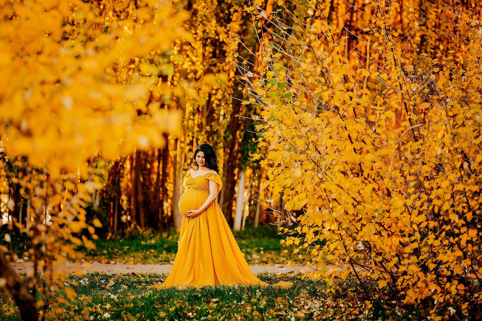 Vibrant-Autumn-Canberra-Maternity-Photographer_0002 Expectant mother in a flowing yellow maternity gown standing amidst vibrant autumn leaves in Canberra, showcasing the seasonal beauty ideal for fine art maternity portraits