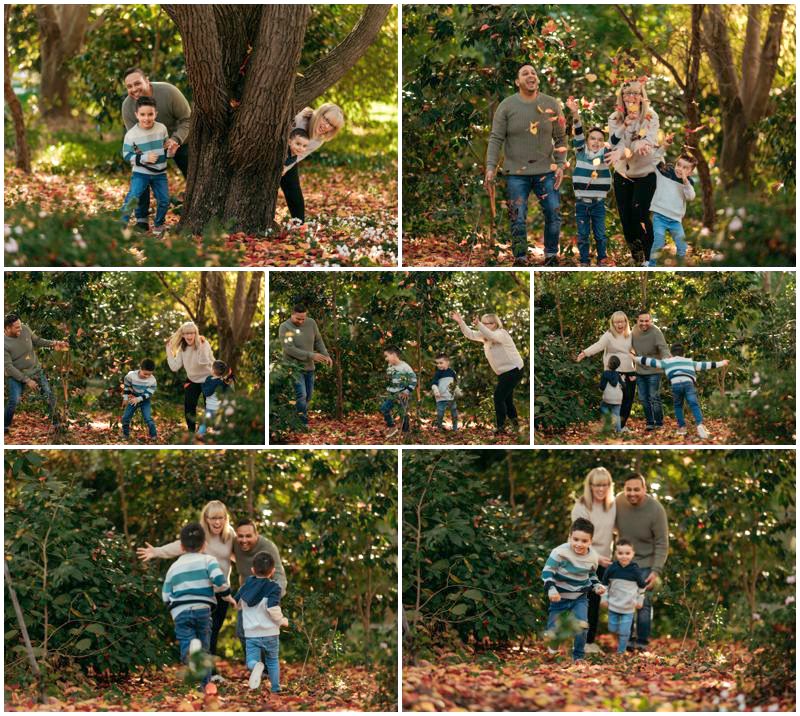 Joyful Autumn Canberra Family Photo Shoot with Two Children Leading the Way Through a Trail of Colorful Fallen Leaves_0005
