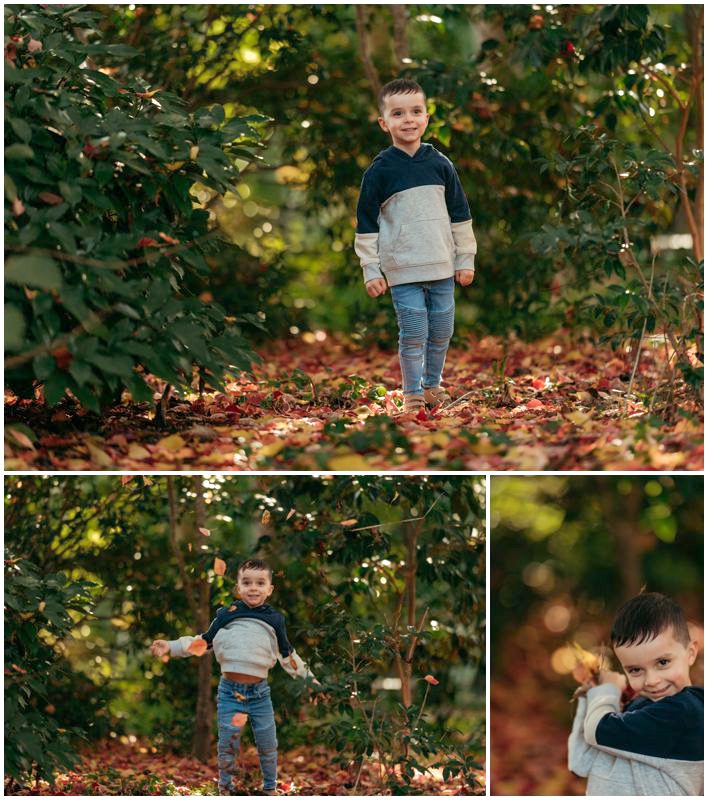 Joyful Autumn Canberra Family Photo Shoot with Two Children Leading the Way Through a Trail of Colorful Fallen Leaves_0007