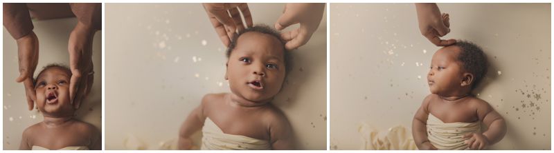 A charming series by a Canberra baby photographer showing a baby lying down while playfully interacted with by an adult's hands.