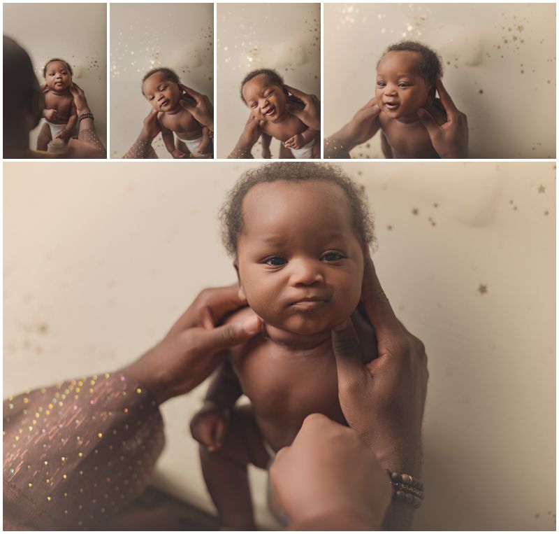 A playful sequence of images captures a baby being gently held and entertained by a parent, as photographed by a Canberra baby photographer.
