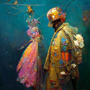 Family Art Work of an astronaut embellished with colorful flowers against a deep blue background, symbolizing a fusion of technology and nature.