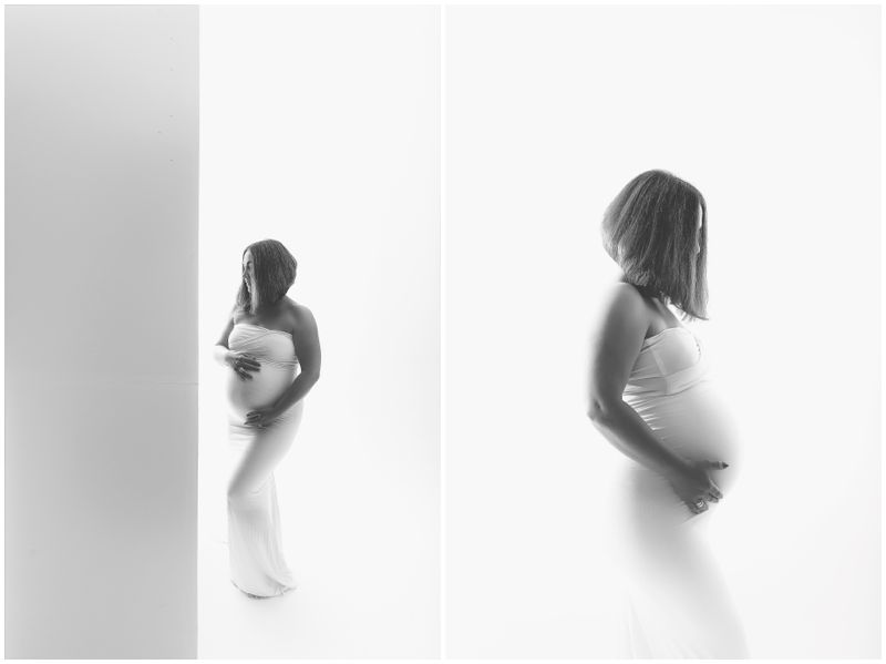 Black and White High-Key Lighting Studio Canberra Maternity Photography Featuring Expectant Mother in Serene White Dress