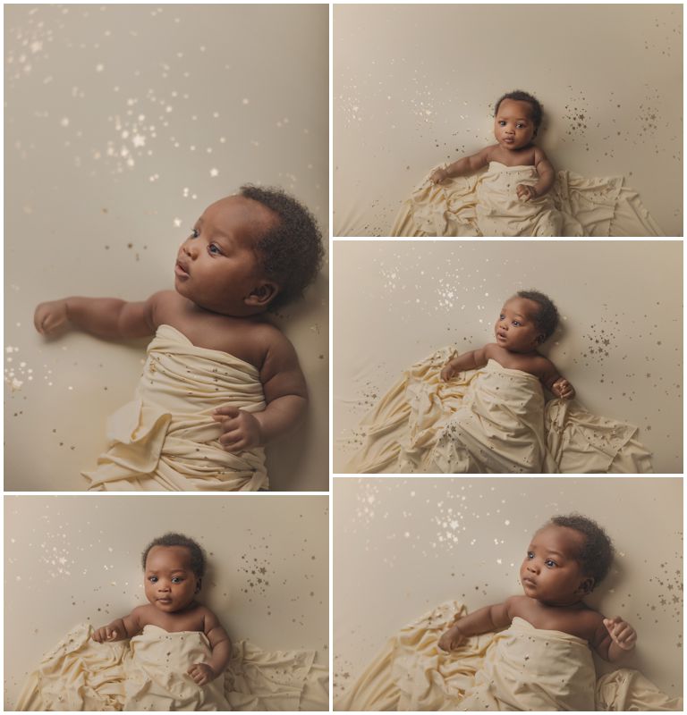 Captured by a Canberra baby photographer, this serene series features a baby wrapped in a creamy fabric, with sparkling effects enhancing each expressive pose