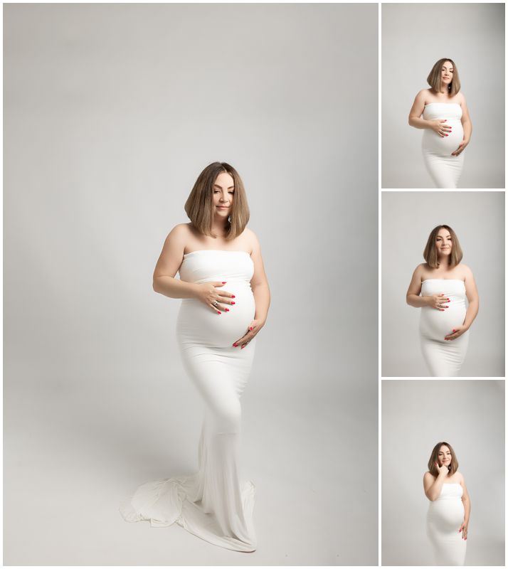 Elegant Studio Canberra Maternity Photography Collection Featuring Radiant Expectant Mother in White Gown