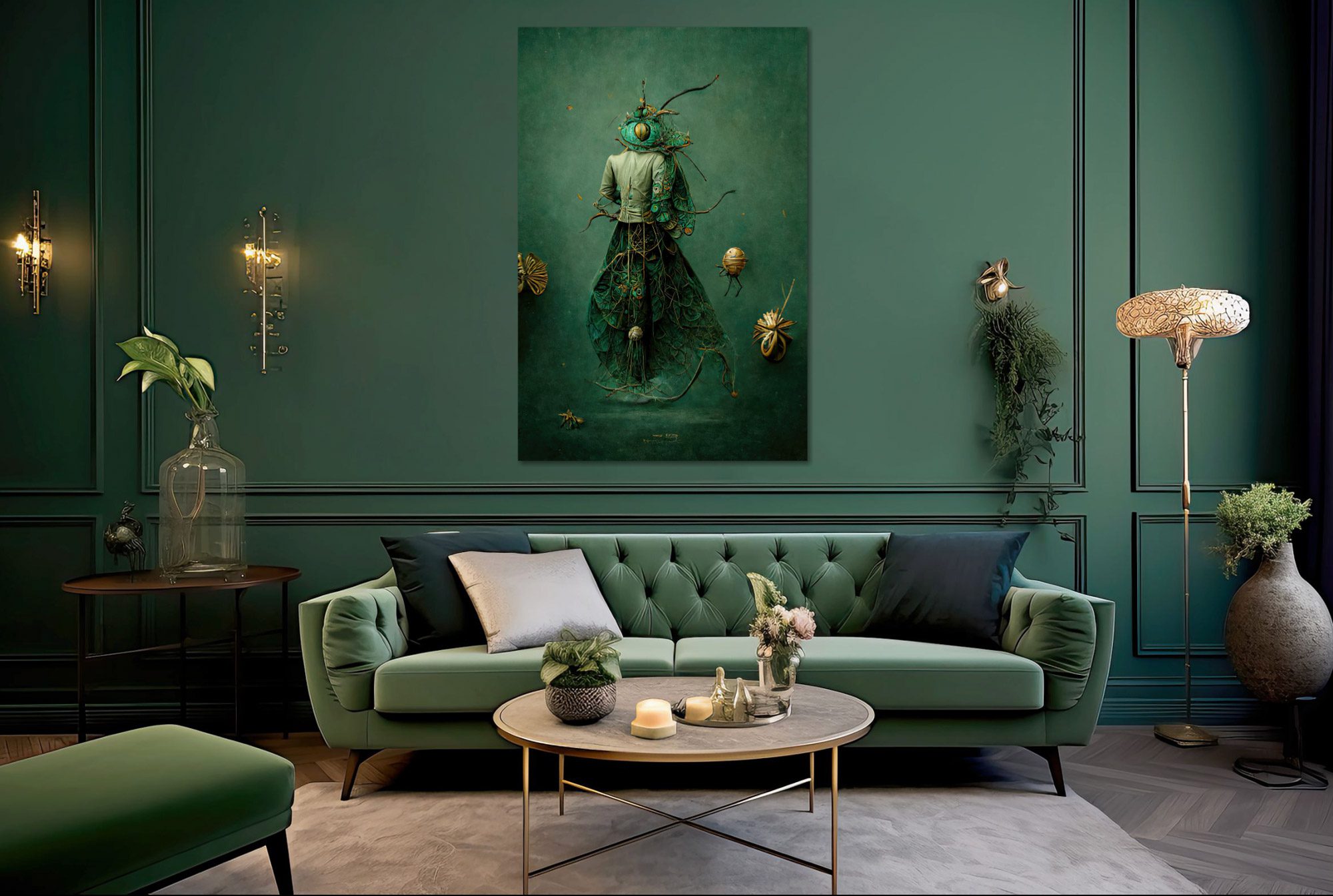Art print canvas hanging on a green wall