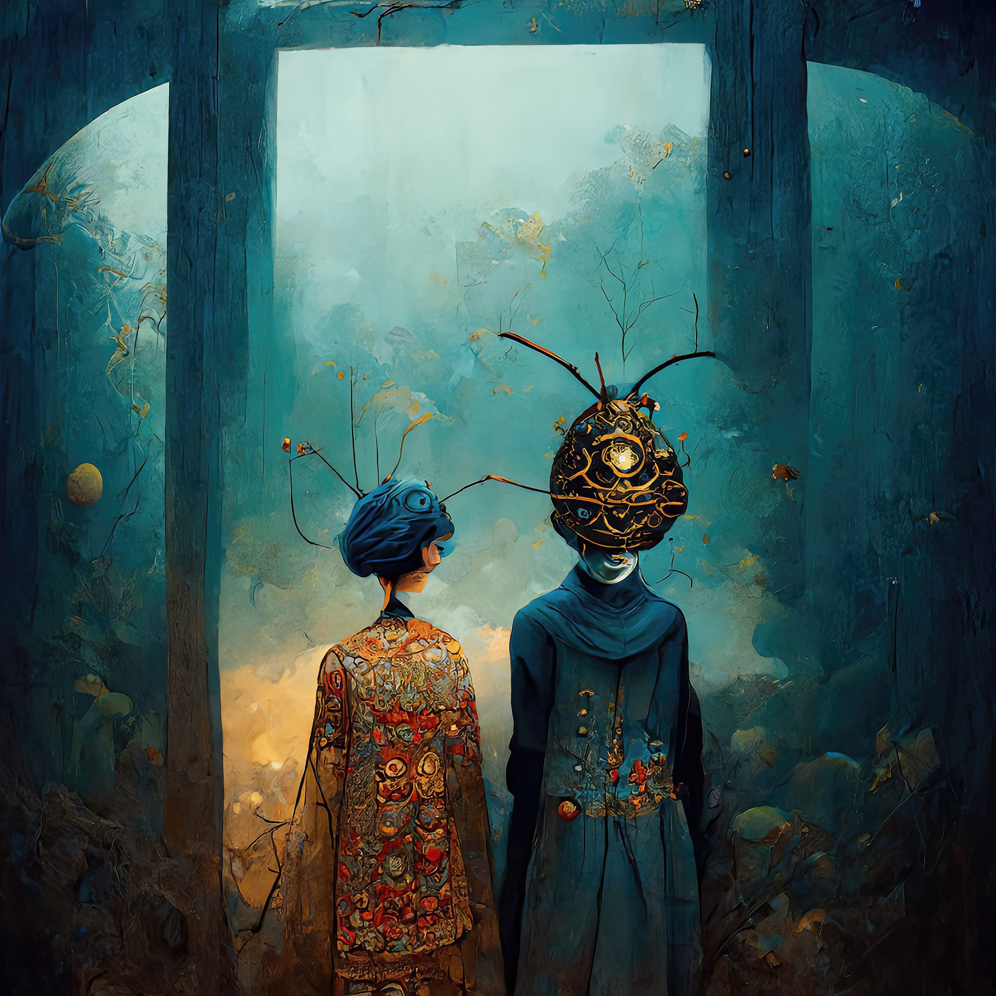 A mesmerizing artwork depicting two figures in elaborate costumes, one with an ornate celestial headpiece and the other draped in a detailed floral garment, standing against a mystical, blue foggy backdrop, symbolizing complex family art work narratives and connections.