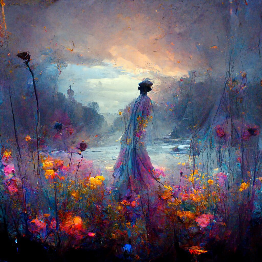 Family Artwork representing A mesmerizing painting of a lone figure standing in a surreal landscape filled with lush, vibrant flowers under a dusky sky, creating a scene of profound beauty and introspection.