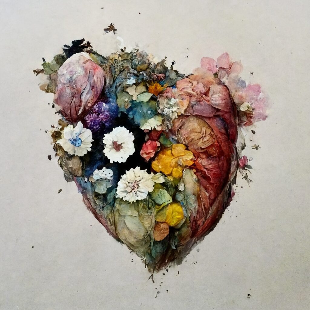 A delicate watercolor painting of a heart composed of an array of beautiful flowers in vibrant colors, symbolizing love and the blooming beauty of nature. Family Art Work