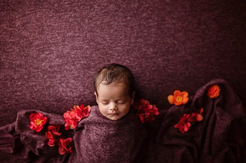 Sleeping newborn wrapped in a maroon blanket adorned with vibrant red flowers, showcasing fine art newborn photography in Canberra.