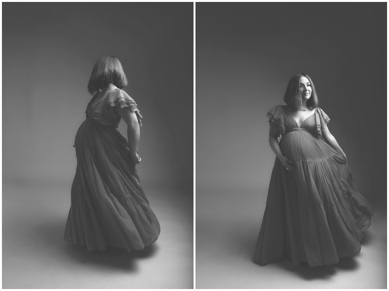 Graceful Monochrome Studio Canberra Maternity Photography Showcasing Expectant Mother in Elegant Gown