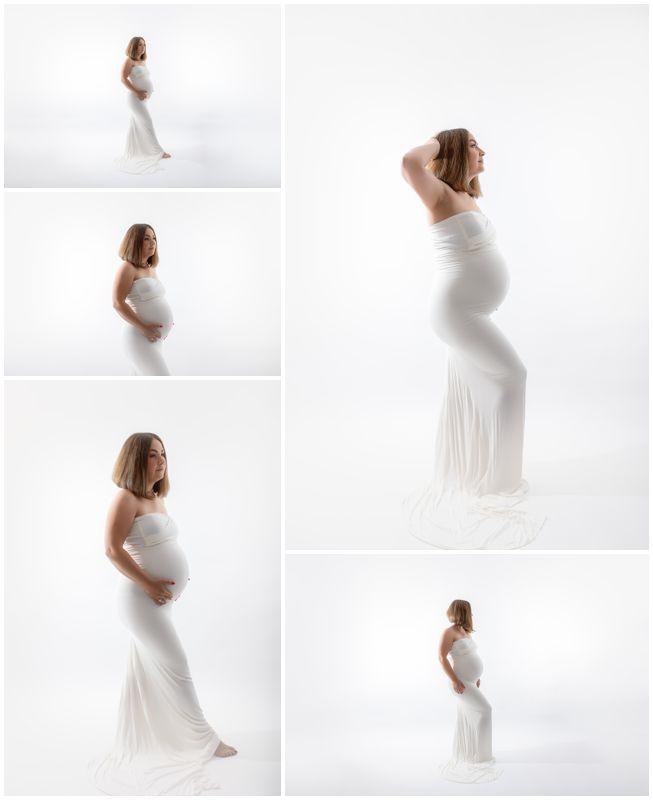 High-Key Lighting Studio Canberra Maternity Photography Featuring Expectant Mother in Serene White Dress