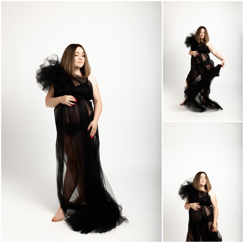 Studio Canberra Maternity Photography Featuring Elegant Woman in Flowing Black Gown_0013